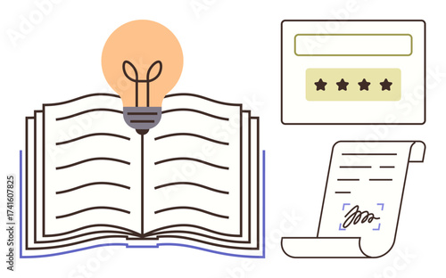 Open book with glowing light bulb symbolizing ideas, rating box with stars, signed paper scroll for feedback and validation. Ideal for education, inspiration, writing, review, innovation, knowledge