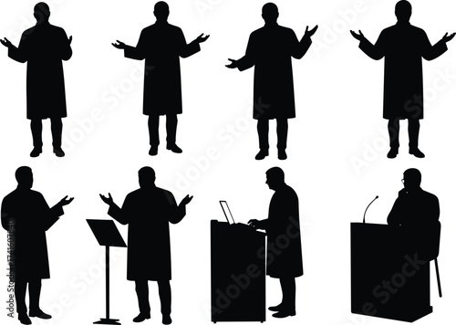 Public speaking silhouette, lecturer illustration, presenter at podium, teacher with microphone, conference speaker art, communication design