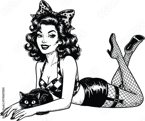 Retro pin up girl with cat and leopard print ears