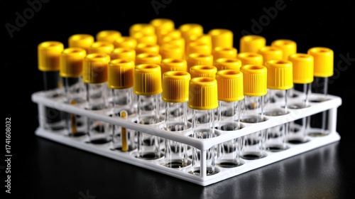 Organized laboratory test tubes in yellow cap rack for scientific research and analysis