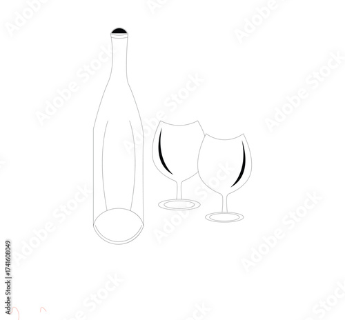 Two wine glasses and a bottle in minimalist style