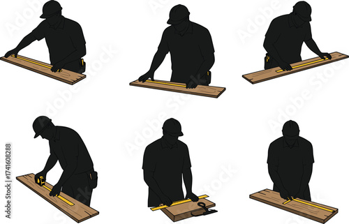 Woodworking silhouettes, carpentry measuring poses, marking wood illustration, manual labor, carpentry tools, precision work, rural craft, construction art, workshop activity, industry