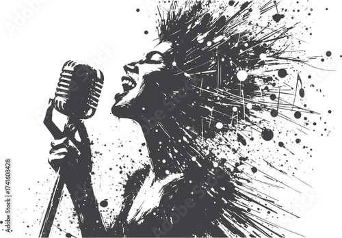  A bold black-and-white portrait of a passionate singer belting into a microphone, with explosive ink splatters creating a sense of energy, movement, and raw musical expression