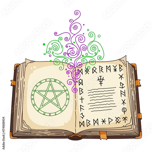 Open Spellbook with Pentagram and Runes Emanating Magical Energy.