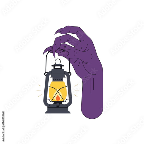 Purple monster hand holding a glowing lantern.