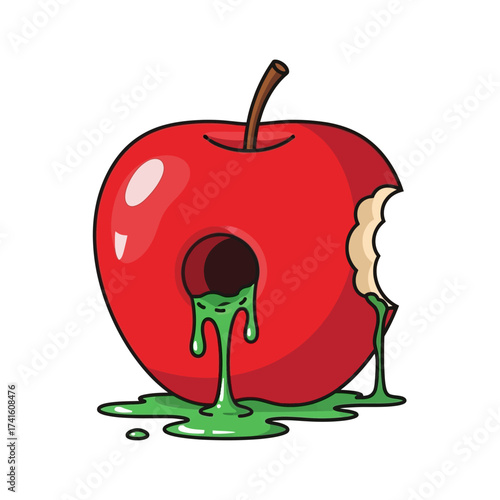 Rotten Red Apple with Green Slime Dripping Out.