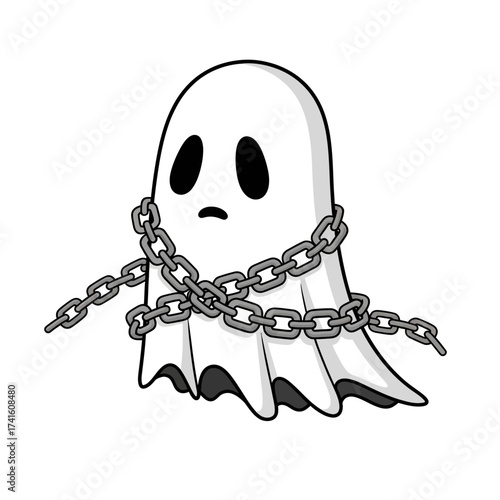 Sad Ghost in Chains Cartoon Illustration.