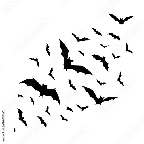 Silhouette of Bats Flying in a Swarm, Halloween Theme.