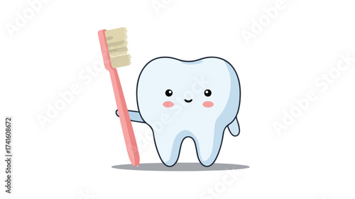 Cute Tooth and Brushing Tool in Clean Design for Dental Concept