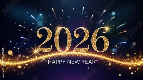 Golden Glitter Happy New Year 2026 Banner with Fireworks
