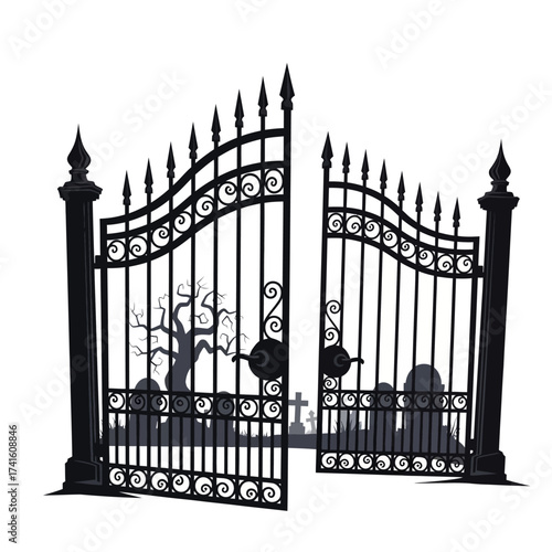 Spooky Cemetery Gates Illustration with Tombstones and Bare Tree.