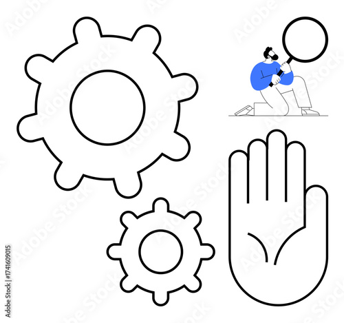 Gear icons representing collaboration, hand symbolizing intervention, and person examining details. Ideal for teamwork, problem-solving, research, precision, solutions, analytics and process