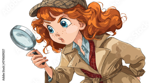 Detective Girl with Magnifying Glass Cartoon Vector Illustration