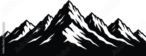 Black and white silhouette of rugged mountain peaks against a white background