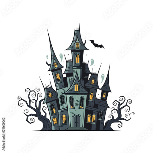 Spooky Haunted House with Bats and Ghosts.