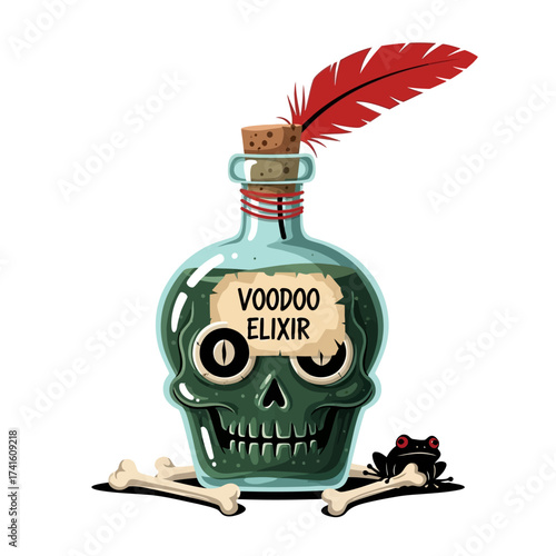 Voodoo Elixir Skull Bottle with Feather and Bones Illustration.