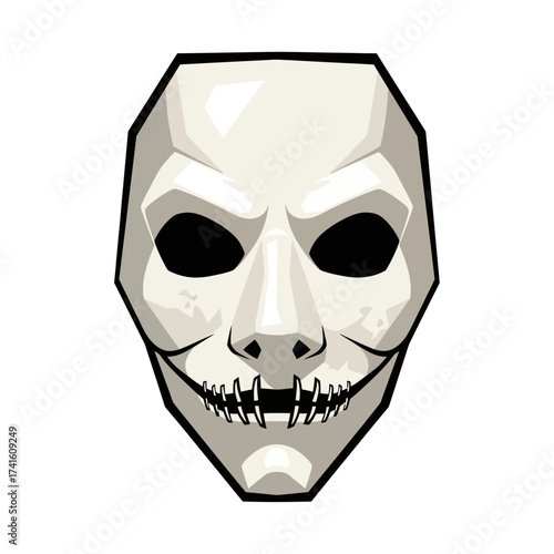 White mask with black eyes and stitched mouth, a symbol of anonymity.