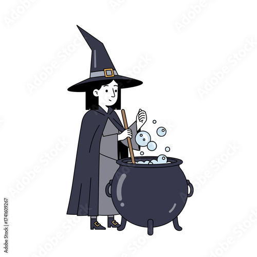 Witch stirring a bubbling cauldron with a wooden spoon preparing a potion.