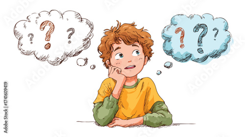 Adorable Young Boy with Thought Bubbles and Question Marks, Contemplating Creativity