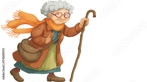 Endearing Granny with Walking Stick Cartoon Vector Illustration