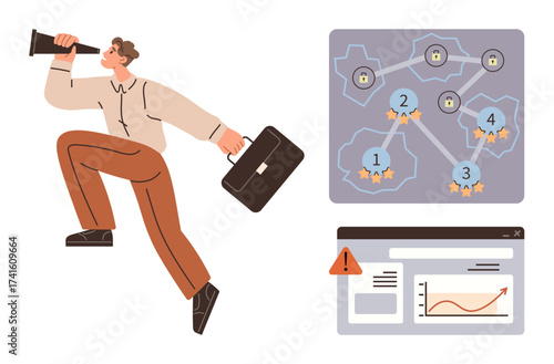 Man running with briefcase and telescope, navigating a star-marked map and analyzing charts on a computer screen. Ideal for business strategy, market research, opportunity search, leadership