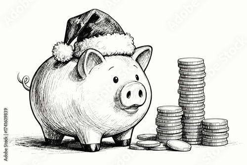 Piggy Bank Wearing Santa Hat with Stacked Coins — Vintage Hand-Drawn Engraving Sketch, Vector Illustration for Christmas, New Year 2026, Savings and Investment Themes