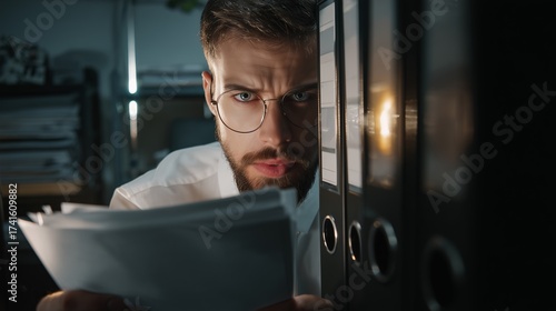 A bearded man in glasses looks tense and wary while reviewing documents in a dimly lit archive room. The image captures workplace pressure, focus, industrial espionage concept.