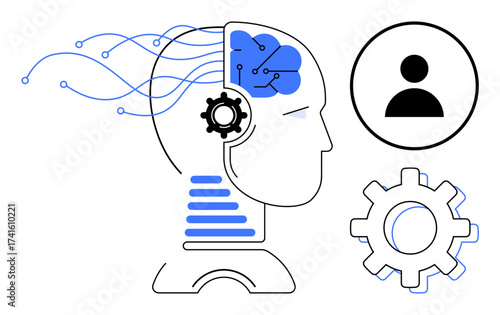 Human head with brain, gear, and network connections representing AI. Profile icon and gear for operation and management. Ideal for technology, AI, innovation, strategy, automation problem solving
