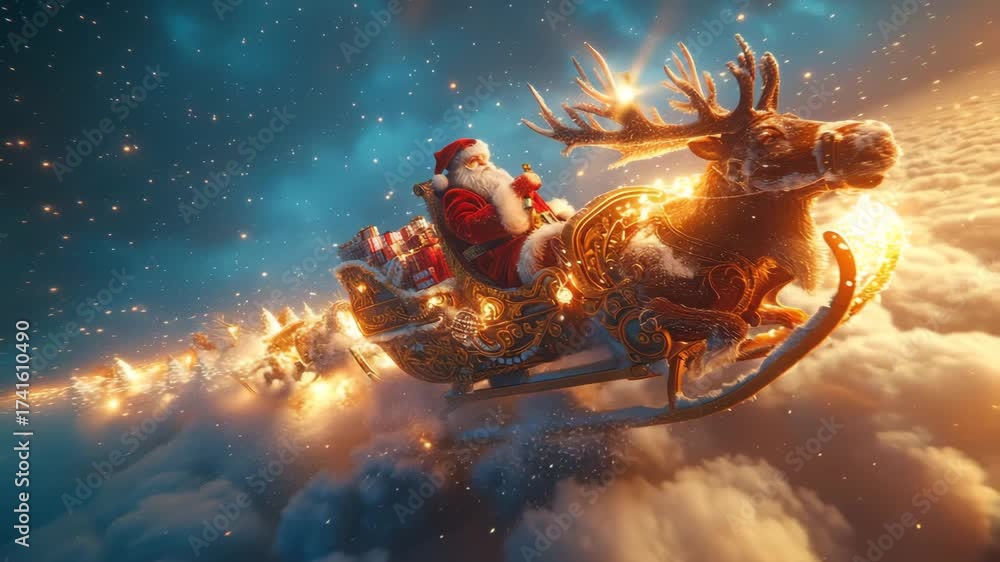 Santa claus riding a glowing sleigh pulled by reindeer through a starry ...