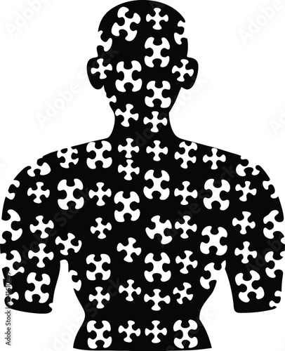 Puzzle Piece Human Silhouette: A conceptual representation of the human form is filled with intricate puzzle pieces, symbolizing the complexity of the individual.