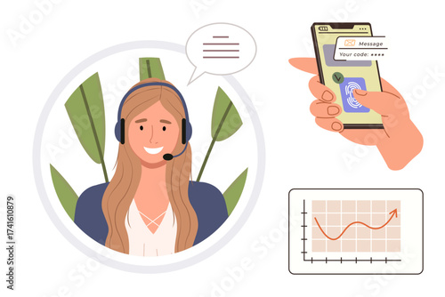 Smiling support agent with headset beside a hand using phone for secure login and a graph chart depicting data trends. Ideal for customer service, security, fintech, communication, analytics