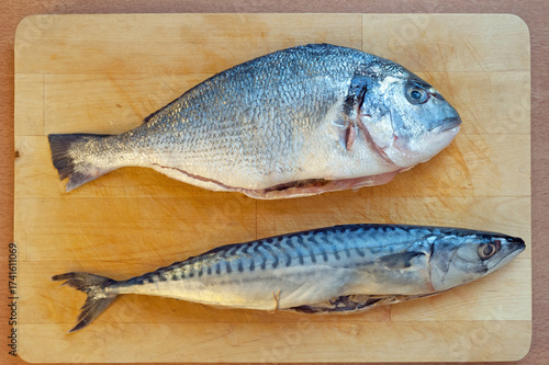 Atlantic mackerel and gilt-head bream on wooden tray