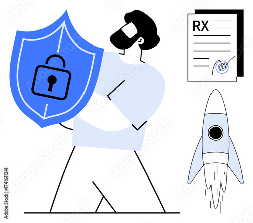 Man protecting data with shield, signed document for reliability, rocket indicating growth. Ideal for data security, compliance, innovation, reliability, development protection progress. Simple