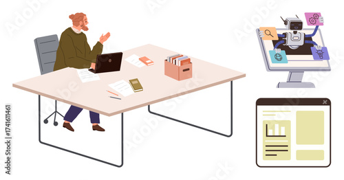 Worker interacting with a laptop at a desk with files, AI on a monitor, digital interface. Ideal for automation, AI, productivity, teamwork, digital transformation, innovation simple flat metaphor