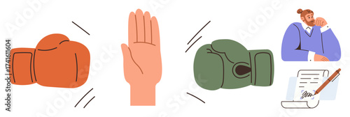 Red and green boxing gloves, open hand stopping conflict, person thinking, and signed agreement. Ideal for negotiation, teamwork, peace, ceasefire mediation decision-making cooperation. Simple