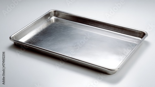 Shiny stainless steel baking tray on neutral background