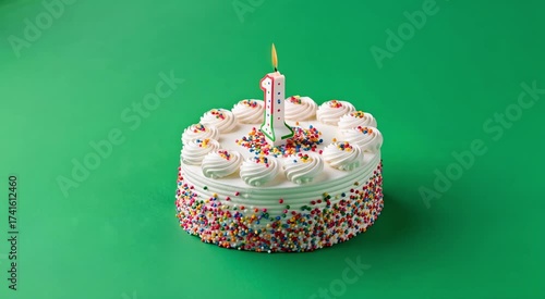 A festive birthday cake with a single candle burning brightly, ready for a special celebration.