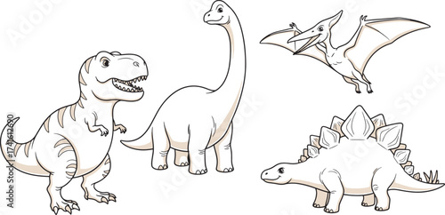 cartoon cute dinosaur outlines: T-Rex, Brachiosaurus, Pterodactyl, Stegosaurus. vector line art illustration for kids' coloring, educational fun, playful designs, tshirt design. Clipart baby dino set