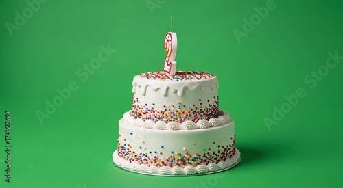 A festive two-tiered birthday cake adorned with colorful sprinkles and a lit number nine candle.