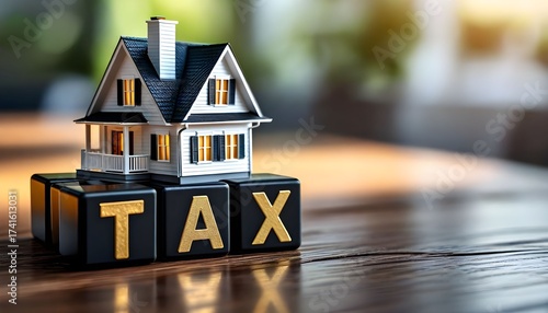 A miniature house model sits on top of black blocks spelling out the word TAX, symbolizing property tax.