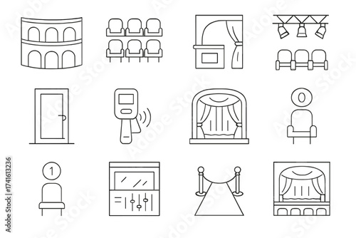 Theater Icons Grid. Outline vector icons of theater architecture and seating: balcony tier, orchestra seats,