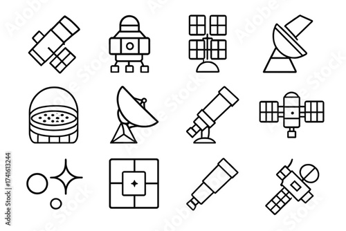 Space Observation Icons. Outline vector icons of deep space observation instruments: space telescope, cosmic
