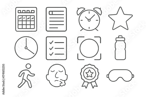 Self-Improvement Icon Set. Outline vector icons of self-improvement habits: habit tracker, daily planner,