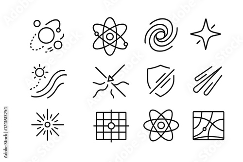 Galactic Icon Grid. Outline vector icons of galactic cosmic rays (GCRs): deep space particle, high-energy atom