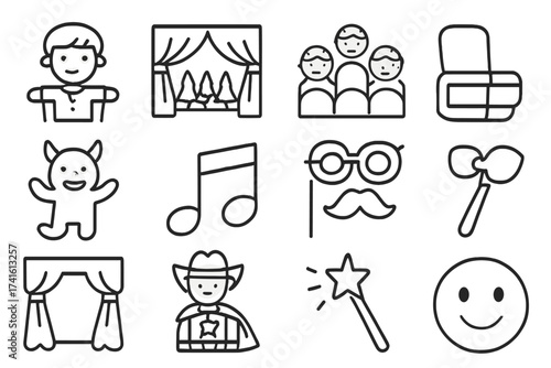 Children's Theater Icons. Outline vector icons of children’s theater and family shows: puppet icon, colorful