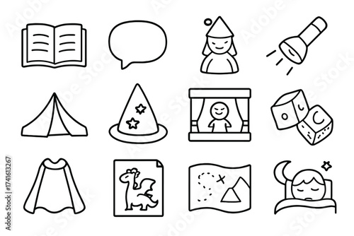 Imaginative Storytelling Icons. Outline vector icons of storytelling and imagination: open book, speech bubble