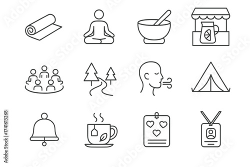 Wellness Icon Grid. Outline vector icons of wellness and yoga gatherings: yoga mat, pose icon, sound bowl,