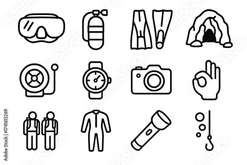 Scuba Diving Icons. Outline vector icons of scuba diving in caves: scuba mask, oxygen tank, fin set, cave line