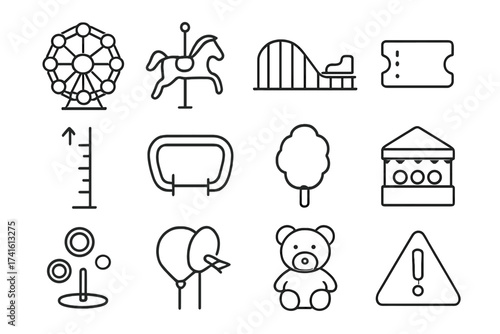 Carnival Rides Icons. Outline vector icons of carnival and amusement rides: ferris wheel, carousel horse,
