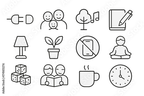 Tech-Free Bonding Icons. Outline vector icons of tech-free bonding practices: unplug plug, family smile,